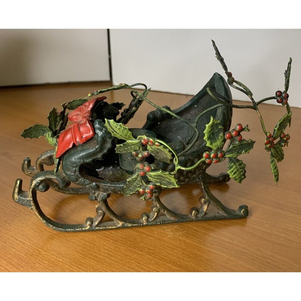 Vintage Cast Iron Christmas Sleigh Candle Holder With Metal Holly